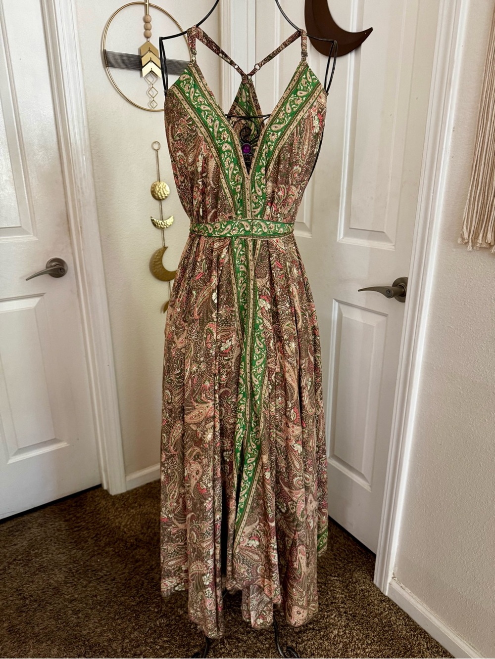 Paisley Maxi Dress with Green Trim
